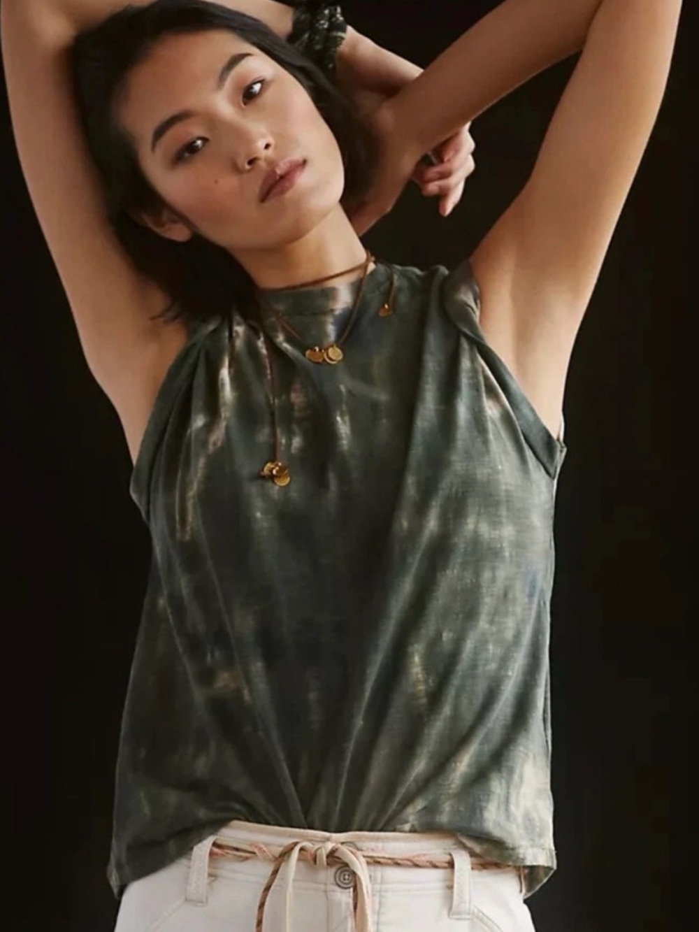 Pilcro Anthropologie Tie Dye Muscle Tee Large Olive Green Cotton Slub Top